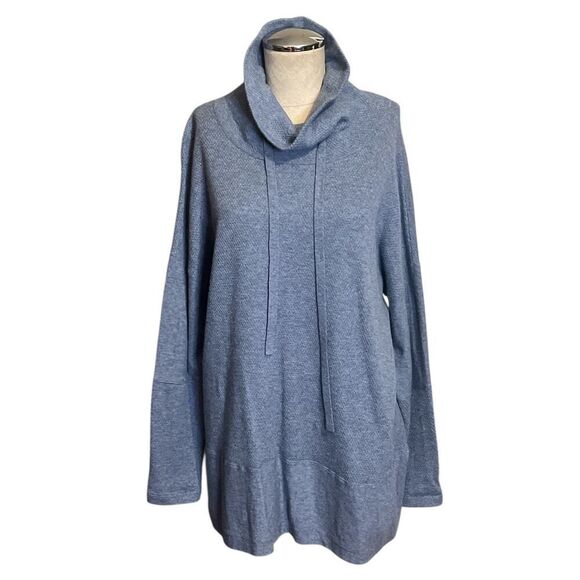 Kinross Cashmere Blend Sweater Womens Large Pullover Drawstring Waffle Knit Blue - Picture 1 of 7